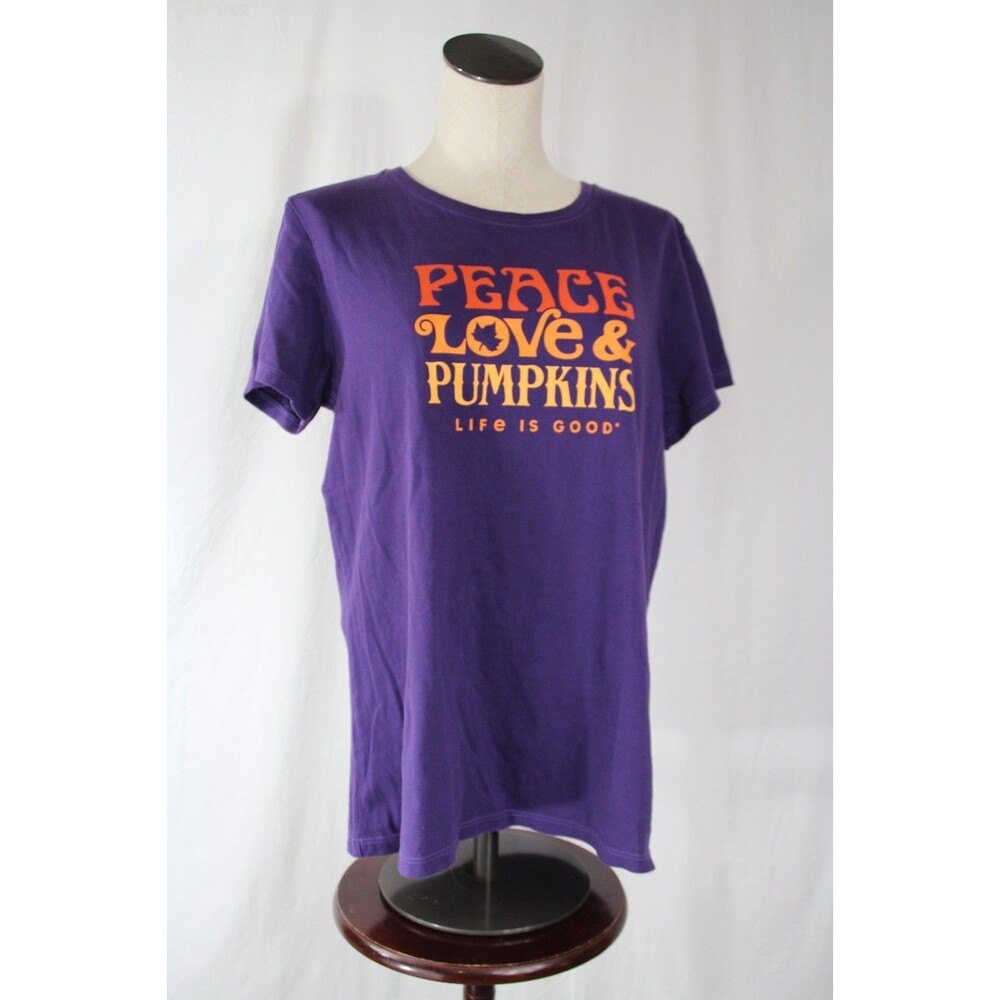 Life Is Good Women's Fall Peace & Pumpkins Logo Halloween Crusher Tee Size L